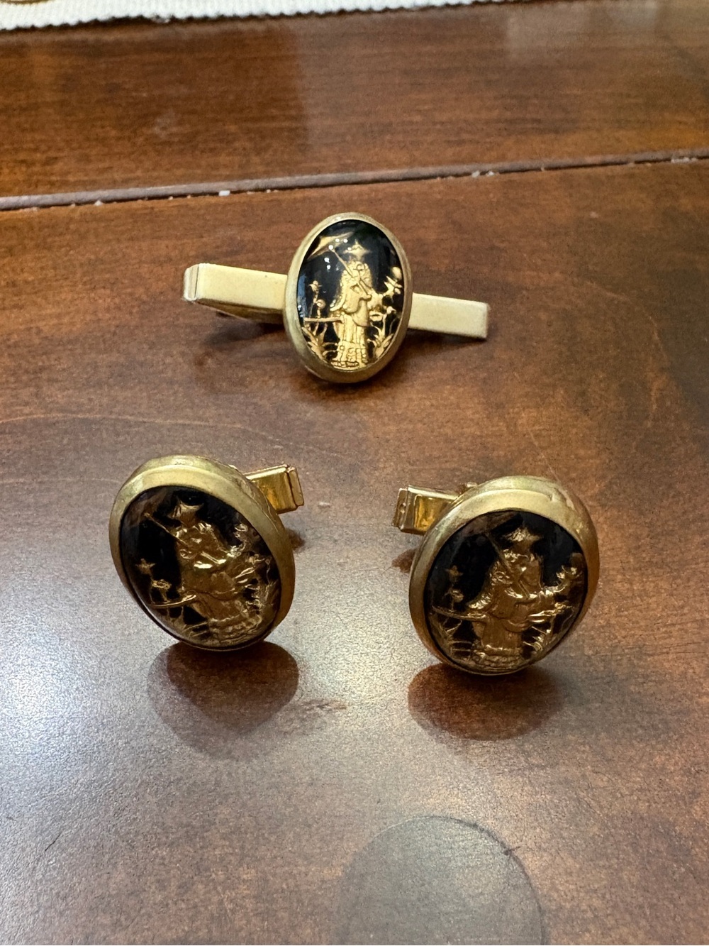 Gold-Tone Black Enamel Cufflinks and Tie Bar Set